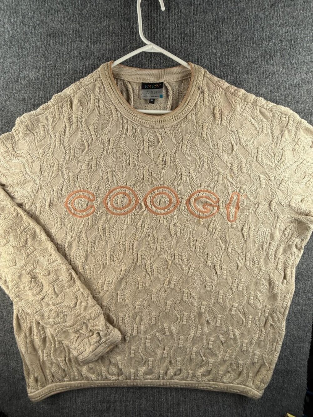 COOGI Australia Sweater Men Knit 4XL Big Beige Spell Out Logo Crew Neck Cotton